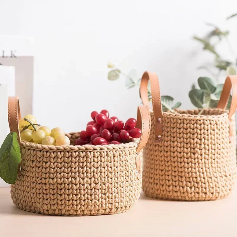 panier de rangement tricoté à la main en coton avec poignée en cuir