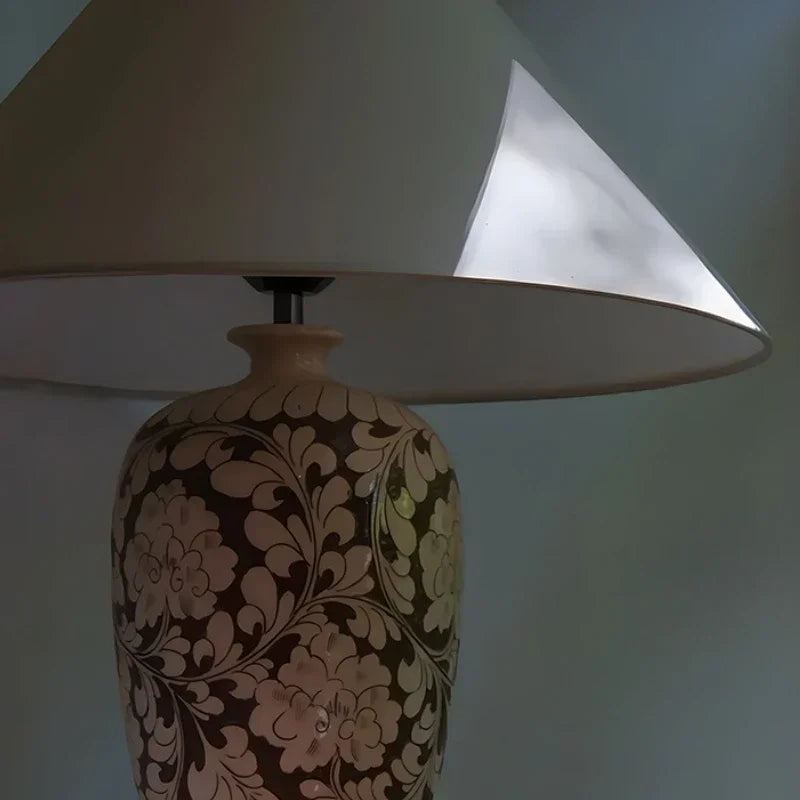 lampe de bureau rétro chinoise en céramique avec abat-jour en tissu