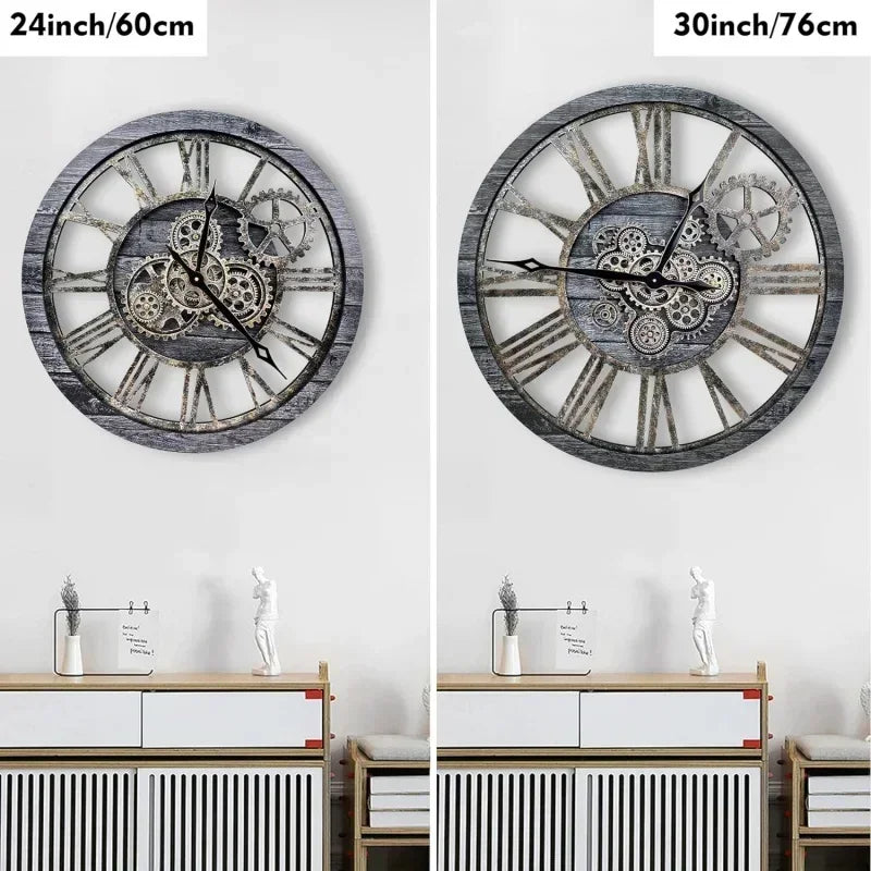 horloge murale en bois style rétro avec engrenages mobiles décorative