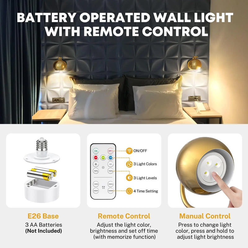 Gold Wall Sconces Battery Operated, Not Hardwired Dimmable, Battery Wall Sconce Wireless Wall Lamp for Bedroom, Bulb Included