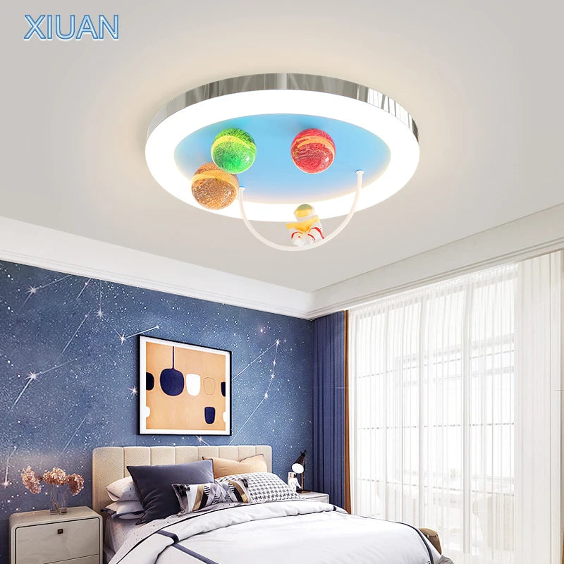 Creative Colorful Glass Ceiling Chandelier Light Planet Astronaut Ceiling Lamps Pink Blue Chrome 220V Children's Bedroom Lamps