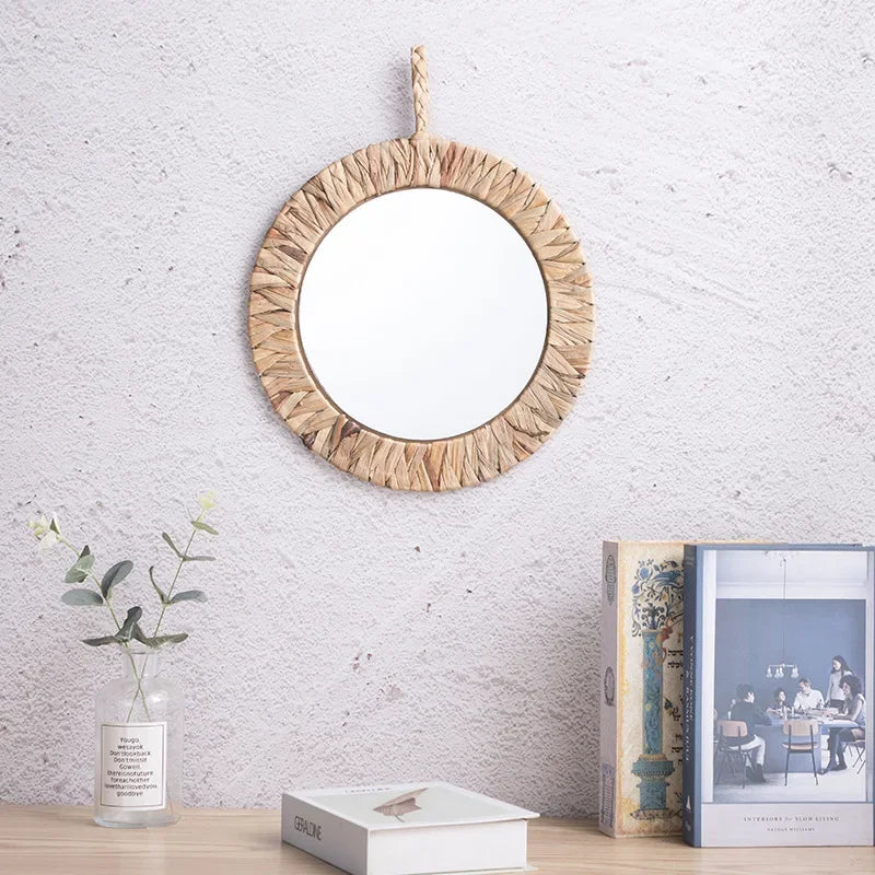 miroir décoratif tissé style rural en rotin fait main