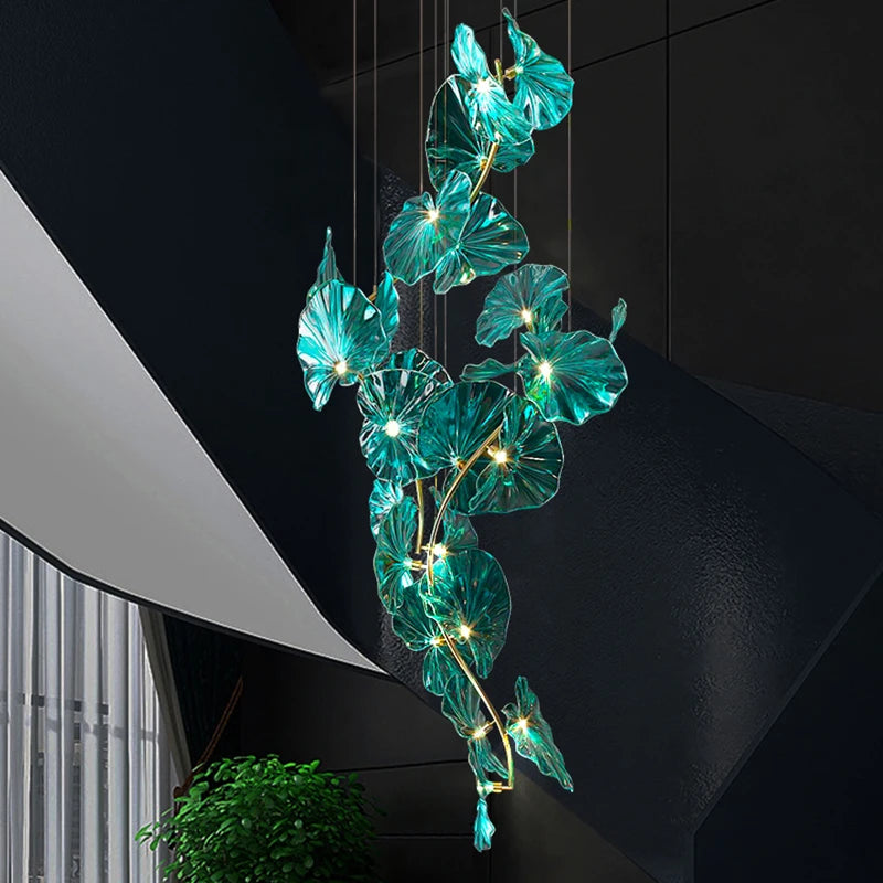 lustre artistique avec feuilles de verre suspendu led pour hôtel