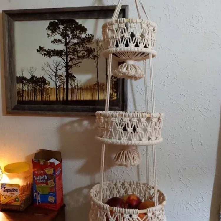 paniers muraux en corde de coton avec glands en macramé