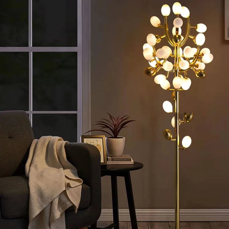 Nordic modern grape design LED floor lamp, gold G9 bulb, dining room, bedroom, sofa, white glass, home decoration floor lamp