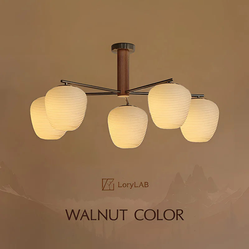 Walnut Wood Brass Fruit Glass, Wabi-sabi Modern Simple style, Chandelier light for Living room, Bedroom, Dining room, Study