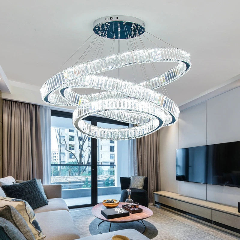 lustre moderne en cristal avec anneaux réglables pour décoration intérieure