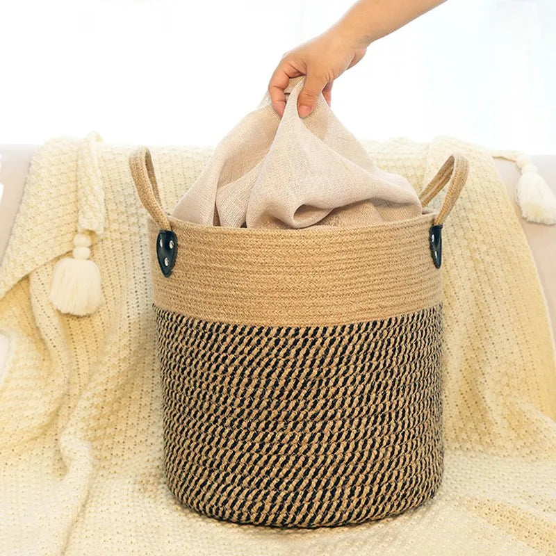 panier de rangement en jute et coton avec poignée