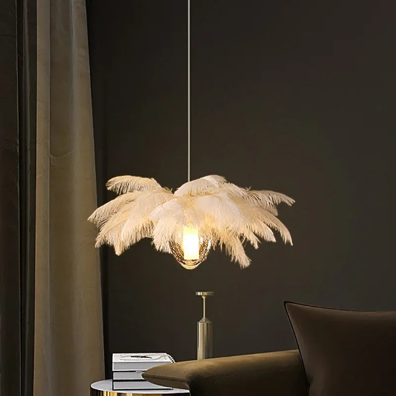 2024Staircase Feather Chandelier Ostrich Glass Design Pendant Chandelier Lighting Home Decor Suspend Lustre Fixtures