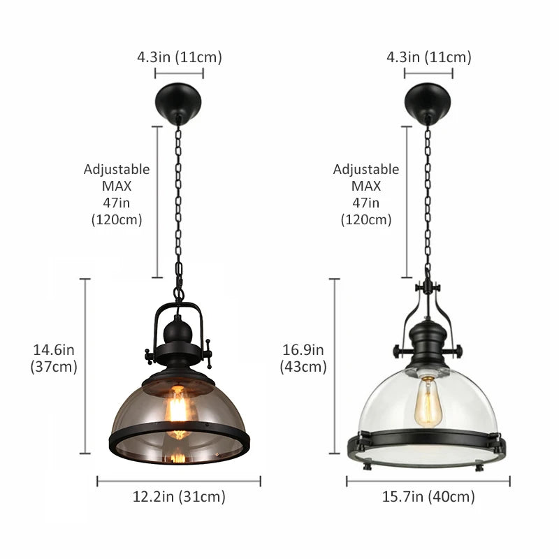 suspension rétro en fer avec abat-jour en verre décoratif