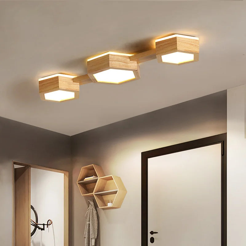 plafonnier en bois design moderne hexagonal avec éclairage LED