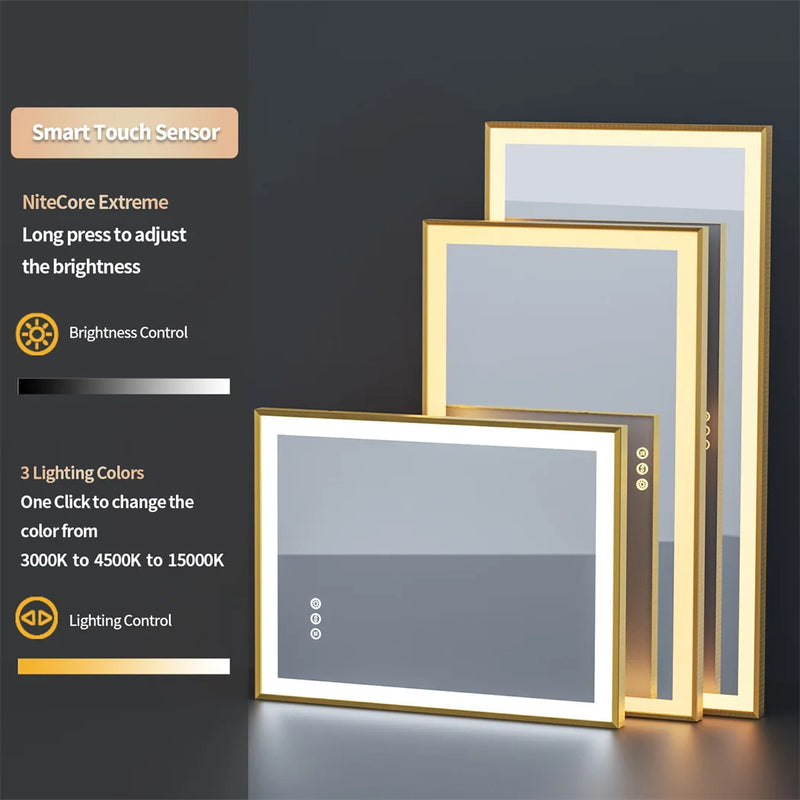 miroir éclairé avec cadre doré et lumières led antibuée à gradation trois couleurs