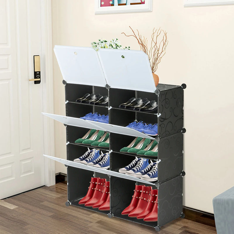 organisateur pliable pour chaussures avec couvercle transparent et compartiments