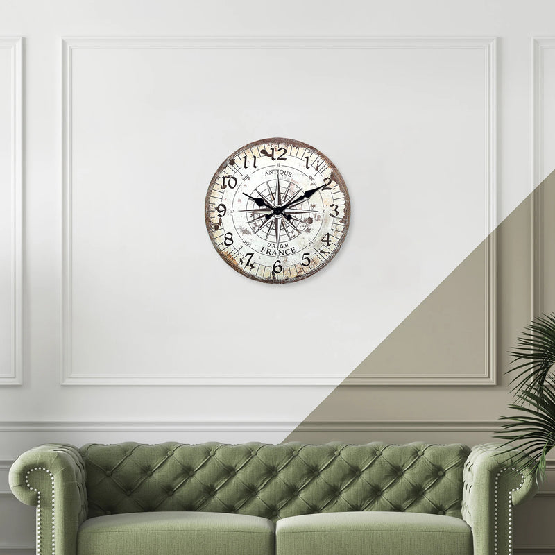 horloge murale en bois motif boussole rétro décoration silencieuse