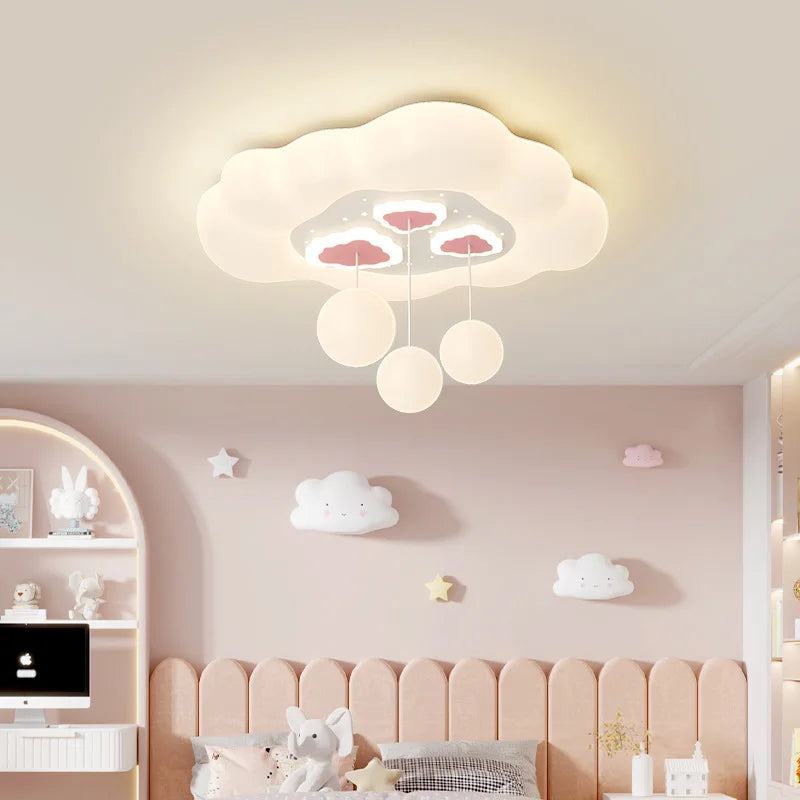 Full Spectrum Pink White Cloud Ceiling Lamps with Hanging Ball AC220V Nursery School Children Bedroom Kids Room Chandelier Light