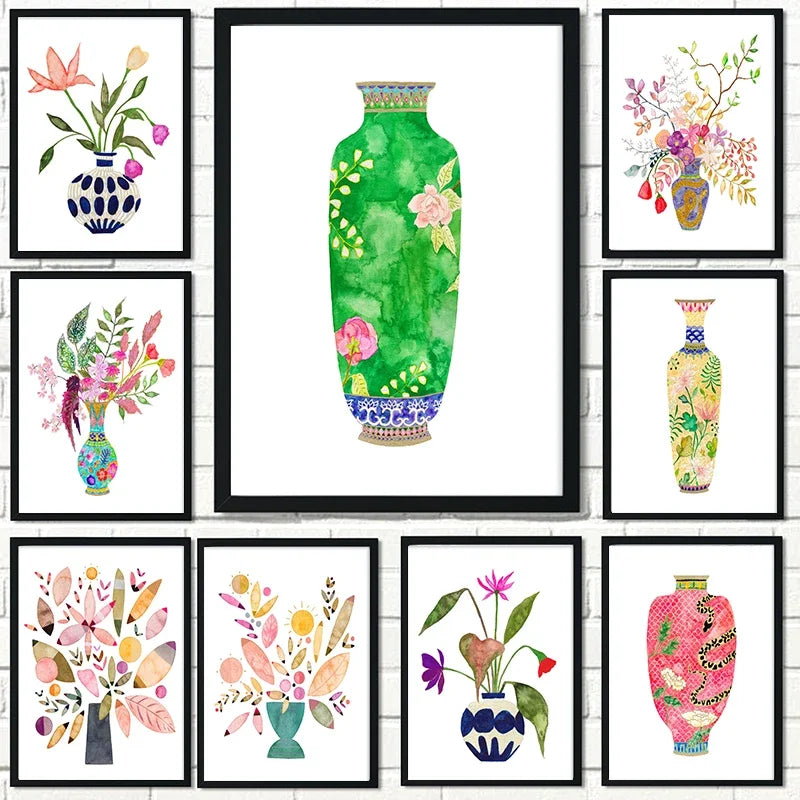 vase à fleurs aquarelle art mural nordique pour décoration intérieure