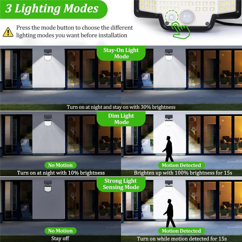 lumière solaire extérieure 166 led avec capteur de mouvement et télécommande