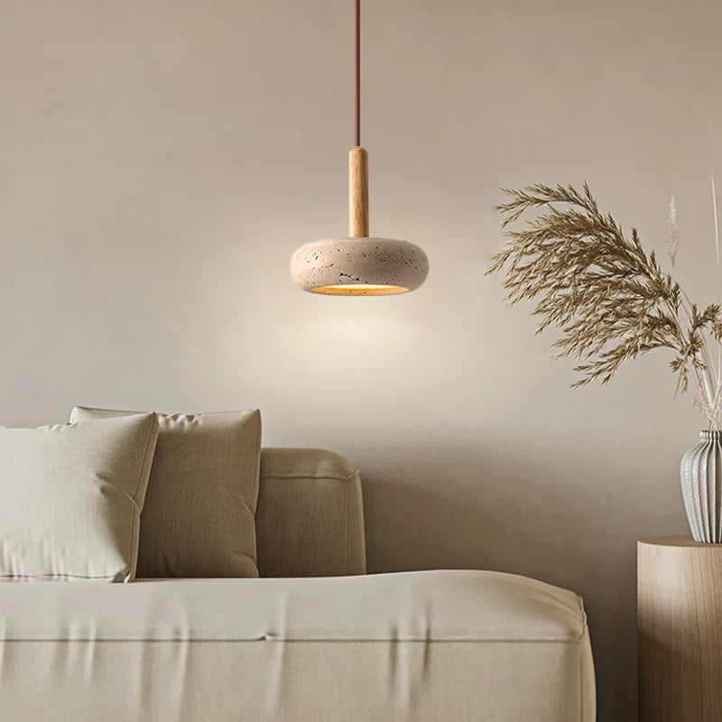 lustre led en travertin avec suspension en pierre naturelle