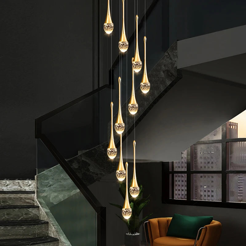 2024 Teardrop LED chandelier staircase luxury corridor long spiral crystal lamp modern home decorative chandelier fixtures