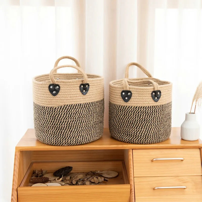 panier de rangement en jute et coton avec poignée