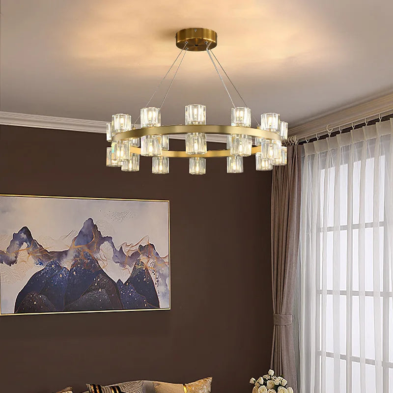 lustre led en cuivre et cristal design moderne luxueux