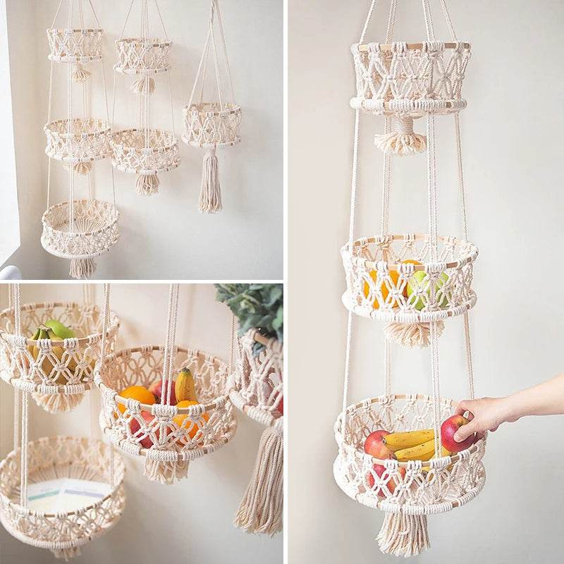 panier suspendu en macramé pour plantes et fruits décoratif