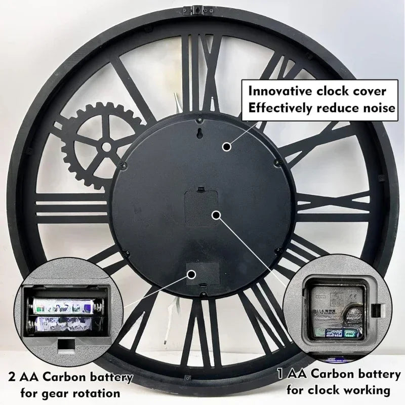 horloge murale en bois style rétro avec engrenages mobiles décorative