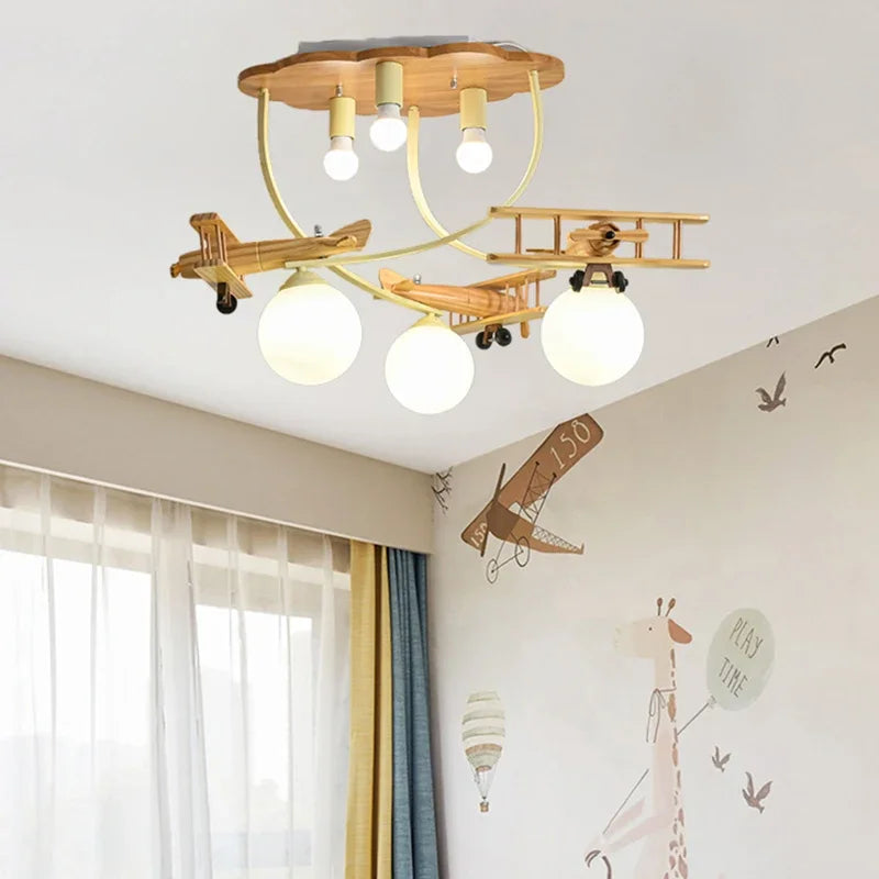 lustre en bois avion pour chambre d'enfant plafonnier led