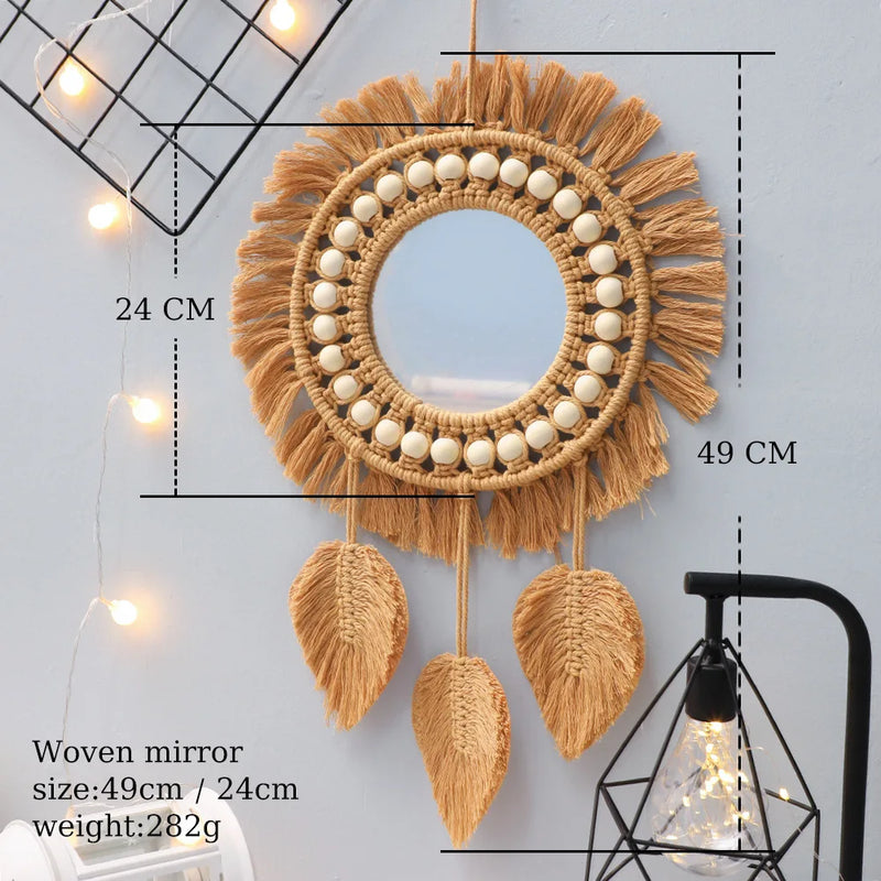 miroir rond en macramé style bohème pour décoration murale