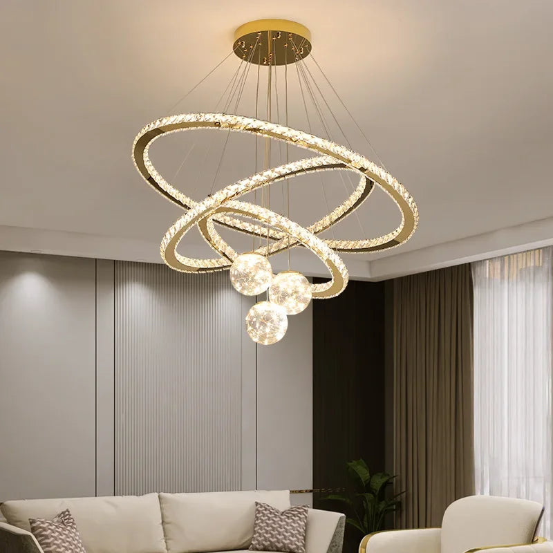 lustre moderne en cristal à led avec finition dorée étoile