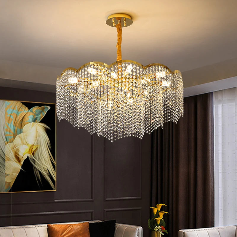 lustre moderne en cristal doré haute suspension design élégant pour intérieur