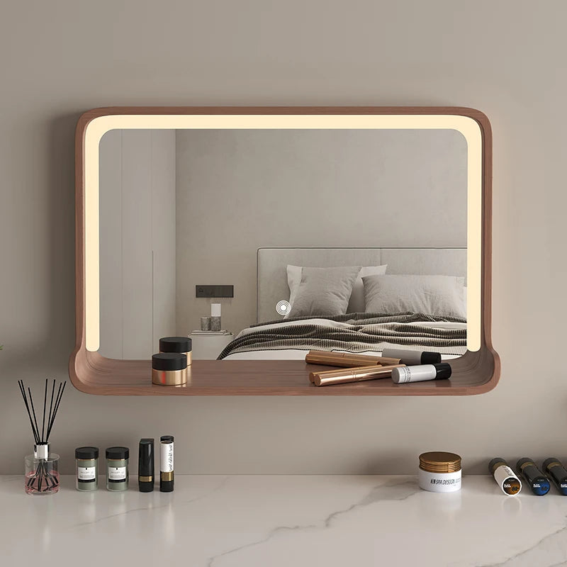 miroir en bois massif avec éclairage led et fixation murale