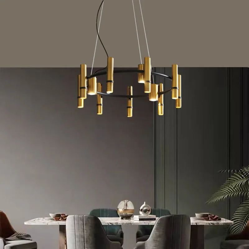 lustre en métal doré avec anneau noir réglable pour divers espaces