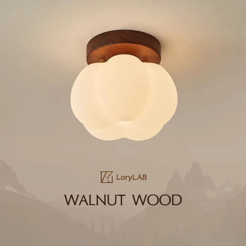 Walnut Wood Roll Molded Pumpkin, Wabi Sabi Modern, Flush Ceiling light fixture for Entrance Hall, Corridor, Balcony, Entrance