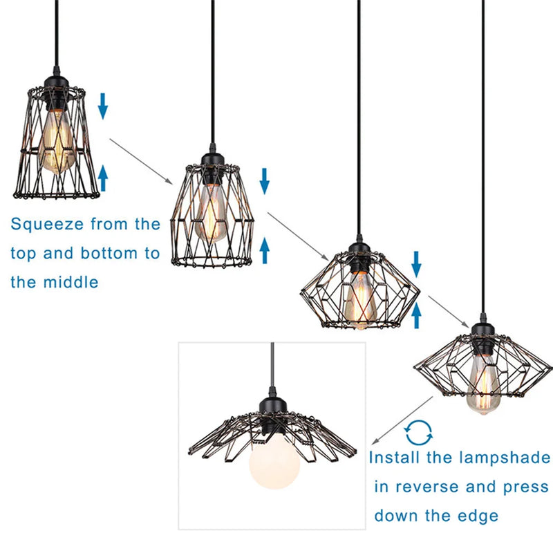 Pendant Light,Industrial Ceiling Pendant Light Fixtures Metal Lampshade,Deformable Geometric Cord Adjustable Folding Cage E27