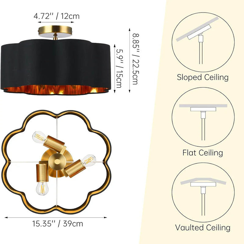 E27 pétale 3 lumières semi-encastré plafonnier tissu abat-jour pour chambre d'enfants chambre cuisine couloir entrée avec ampoule