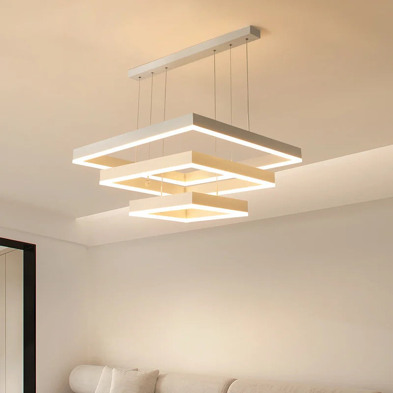 Modern Square LED Chandelier, White Living Restaurant, Kitchen, Bedroom, Rectangular Chandelier, Chandelier