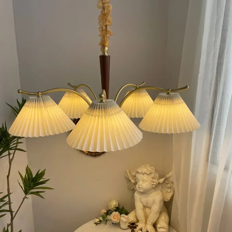 lustre suspendu nordique rétro abat-jour en tissu plissé lampe décorative