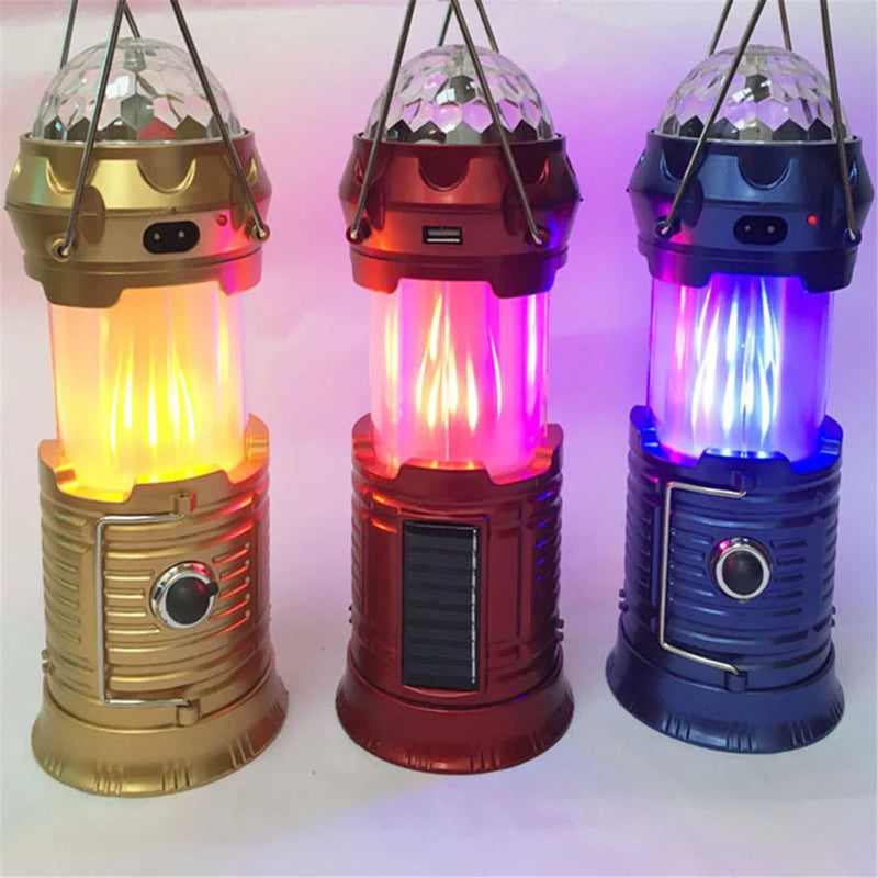 Solar Powered 4-in-1 Flame Waterproof Led Camping Lantern Light& Magic Ball Disco Lamp Flashlight for Tent,Party