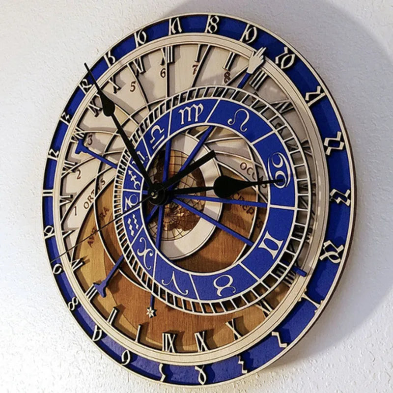 horloge en bois avec signes du zodiaque et constellations art déco