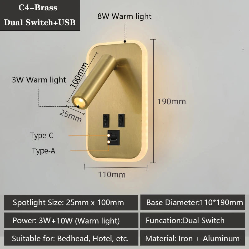 applique murale led moderne avec ports usb et lampes de lecture réglables