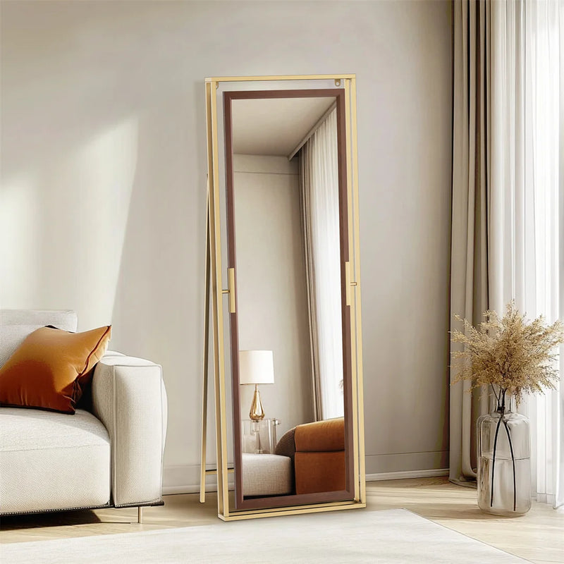 miroir sur pied décoratif avec cadre en métal doré