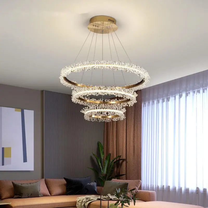 lustre en cristal avec anneau doré pour éclairage intérieur