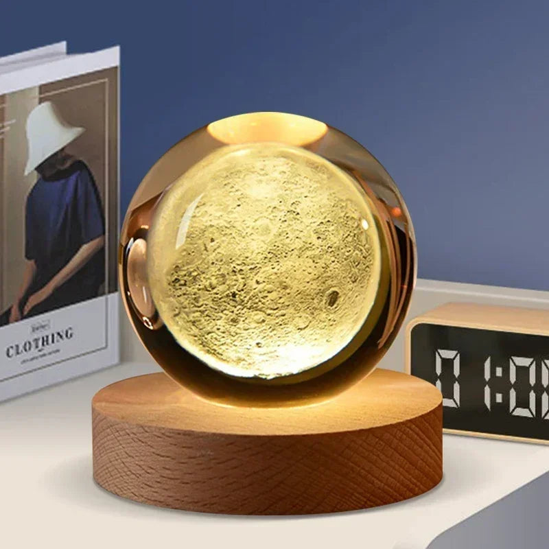 veilleuse 3D en cristal système solaire cadeau décoratif en bois