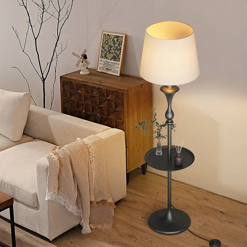 Integrated Floor Lamp with Storage Rack, Coffee Table, LED Living Room Sofa, Bedroom Corner, American Retro Floor Lamp