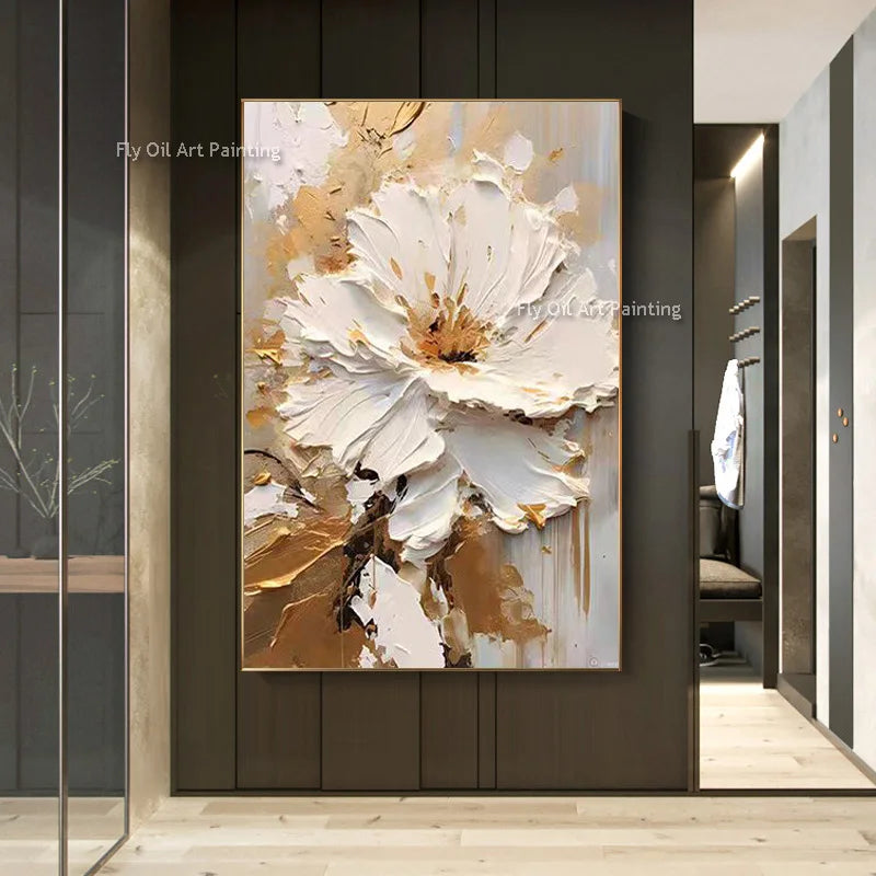 Tableau peinture à l'huile épaisse fleurs blanches abstraites décoration murale luxe