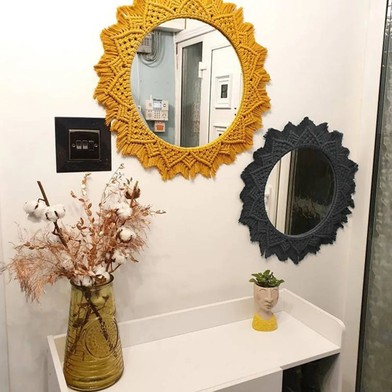 miroir rond en macramé style bohème pour décoration murale