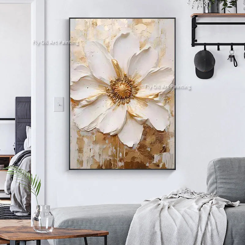 Tableau peinture à l'huile épaisse fleurs blanches abstraites décoration murale luxe