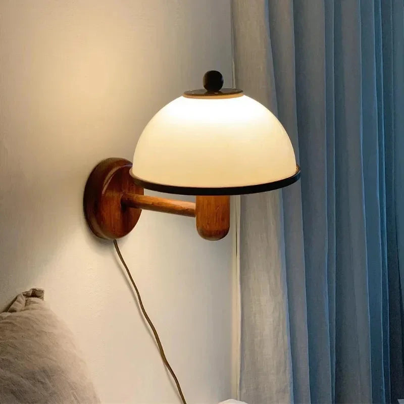 Nordic Retro Mushroom Wall Lamp with EU/US Plug, Wooden Bedroom Bedside Light, Living Room, Corridor LED Decorative Light