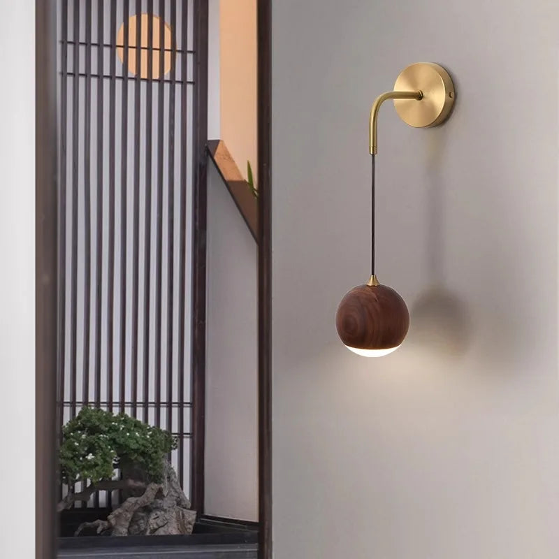 Walnut Wood Round ball Wall light, Wabi-sabi Modern style, Wall Sconces for Bedroom, Living, Corridor, Aisle balcony, Entrance